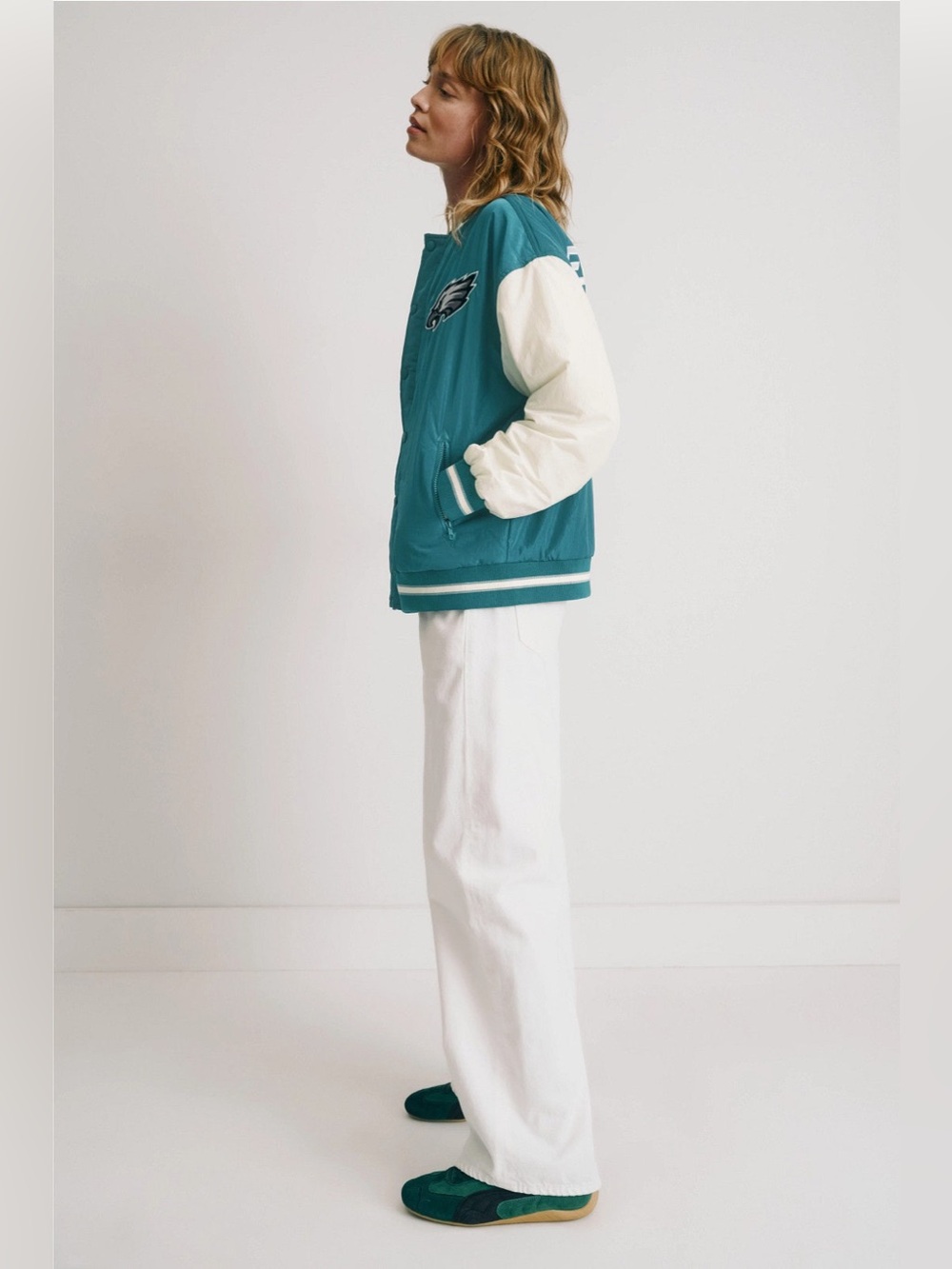 New! Terez  EAGLES Bomber Varsity Jacket 🦅🏈 Large Eagles Midnight Green + Sugar - Picture 6 of 12